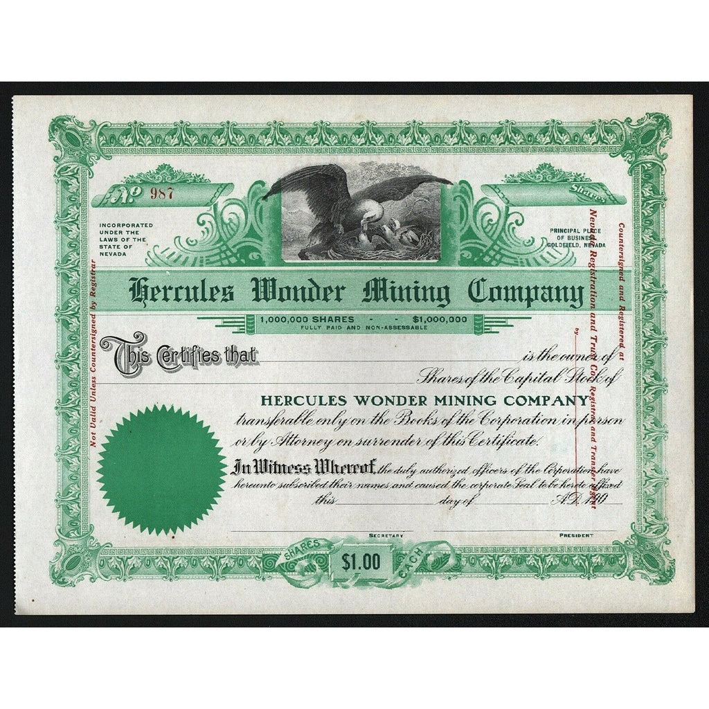 Hercules Wonder Mining Company Goldfield Nevada Stock Certificate