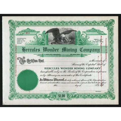 Hercules Wonder Mining Company Goldfield Nevada Stock Certificate