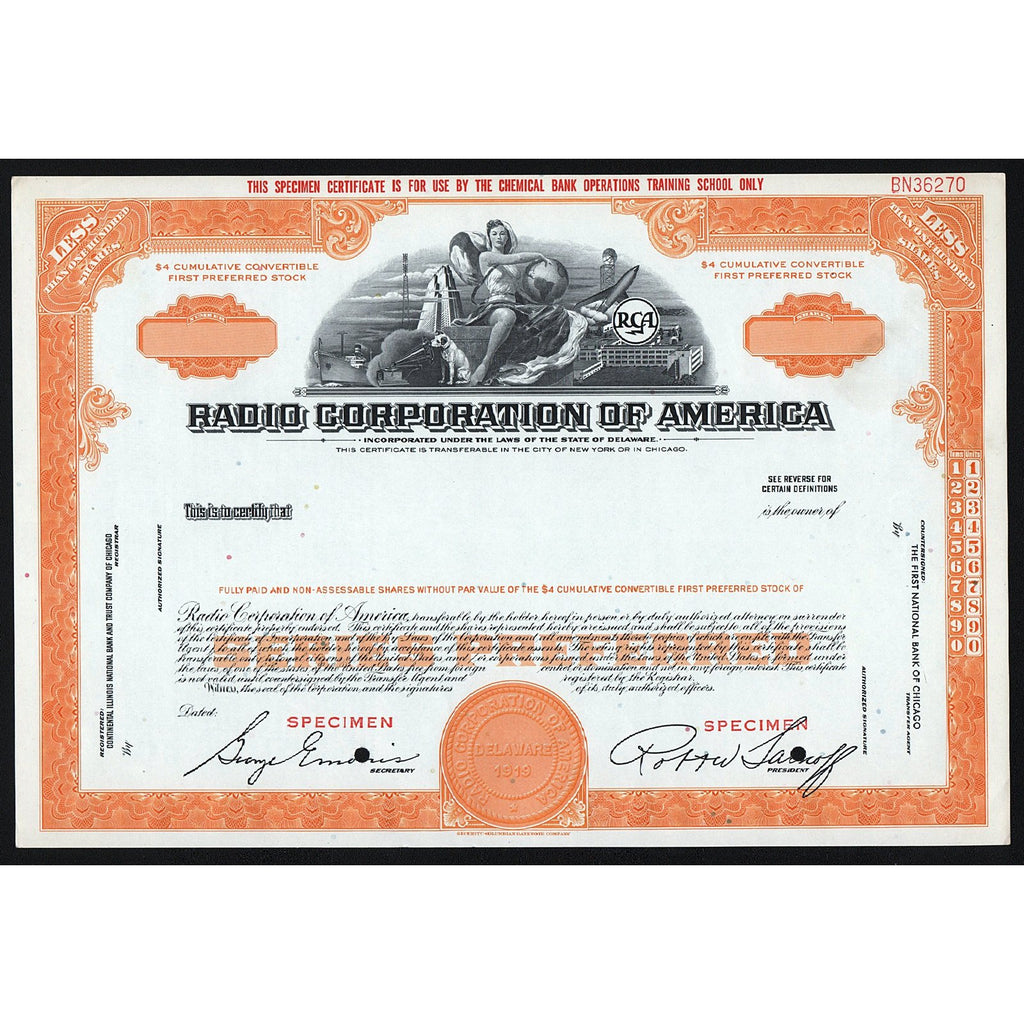 Radio Corporation of America (RCA) Specimen Stock Certificate
