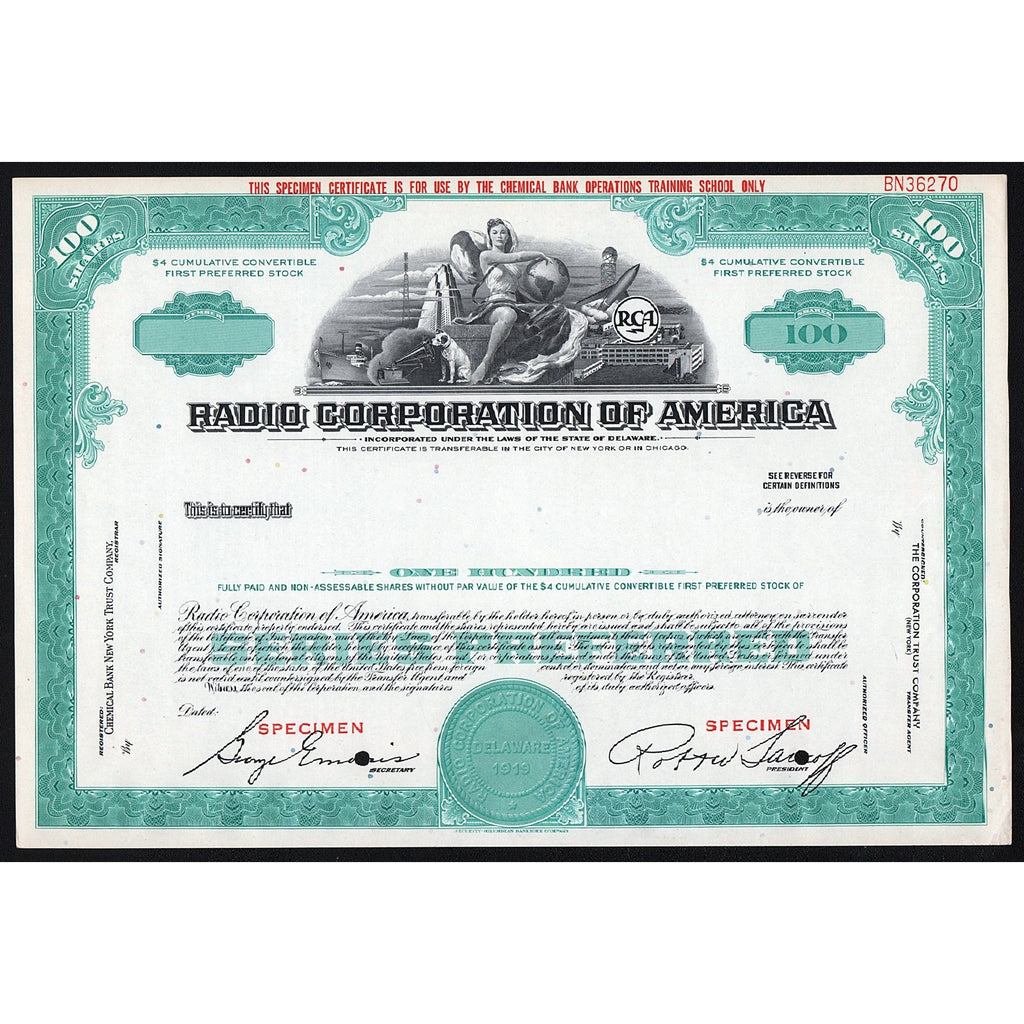 Radio Corporation of America (RCA) Specimen Stock Certificate