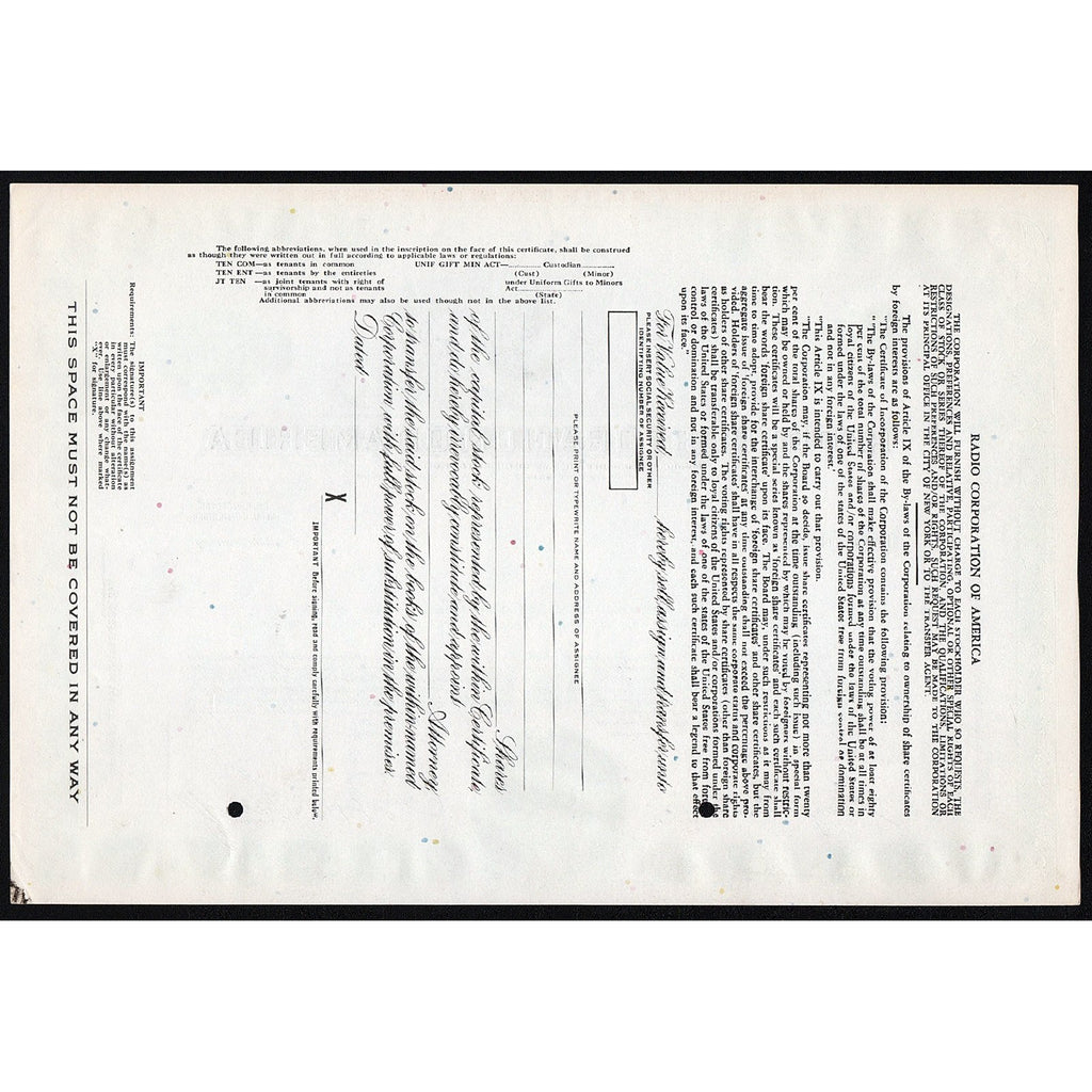 Radio Corporation of America (RCA) Specimen Stock Certificate