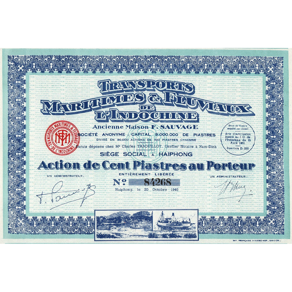 Transports Maritimes & Fluviaux de l’Indochine Vietnam Stock Certificate