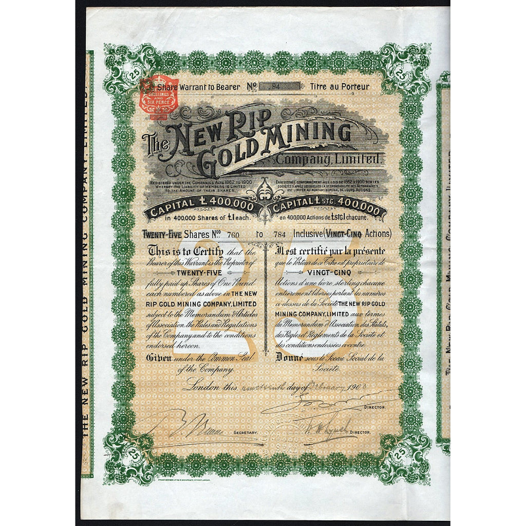 The New Rip Gold Mining Company Limited South Africa Stock Certificate
