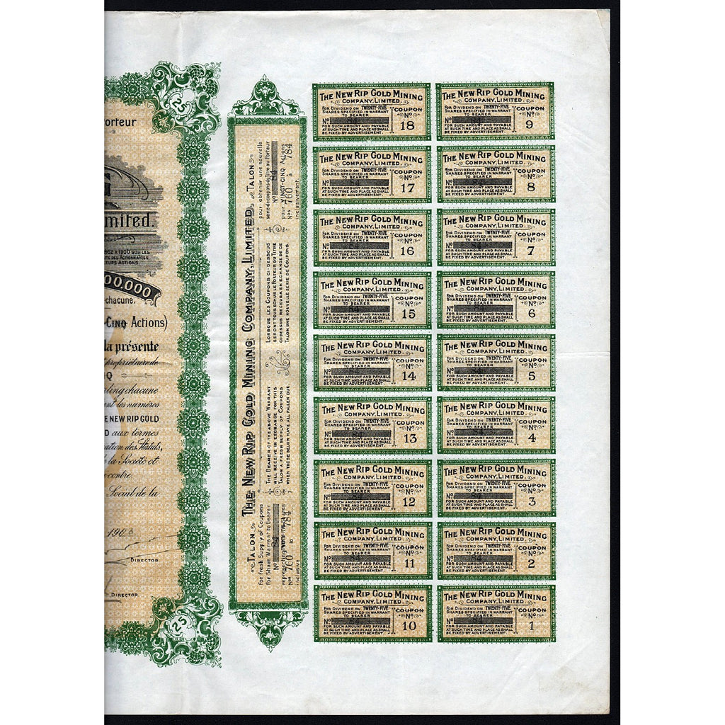 The New Rip Gold Mining Company Limited South Africa Stock Certificate