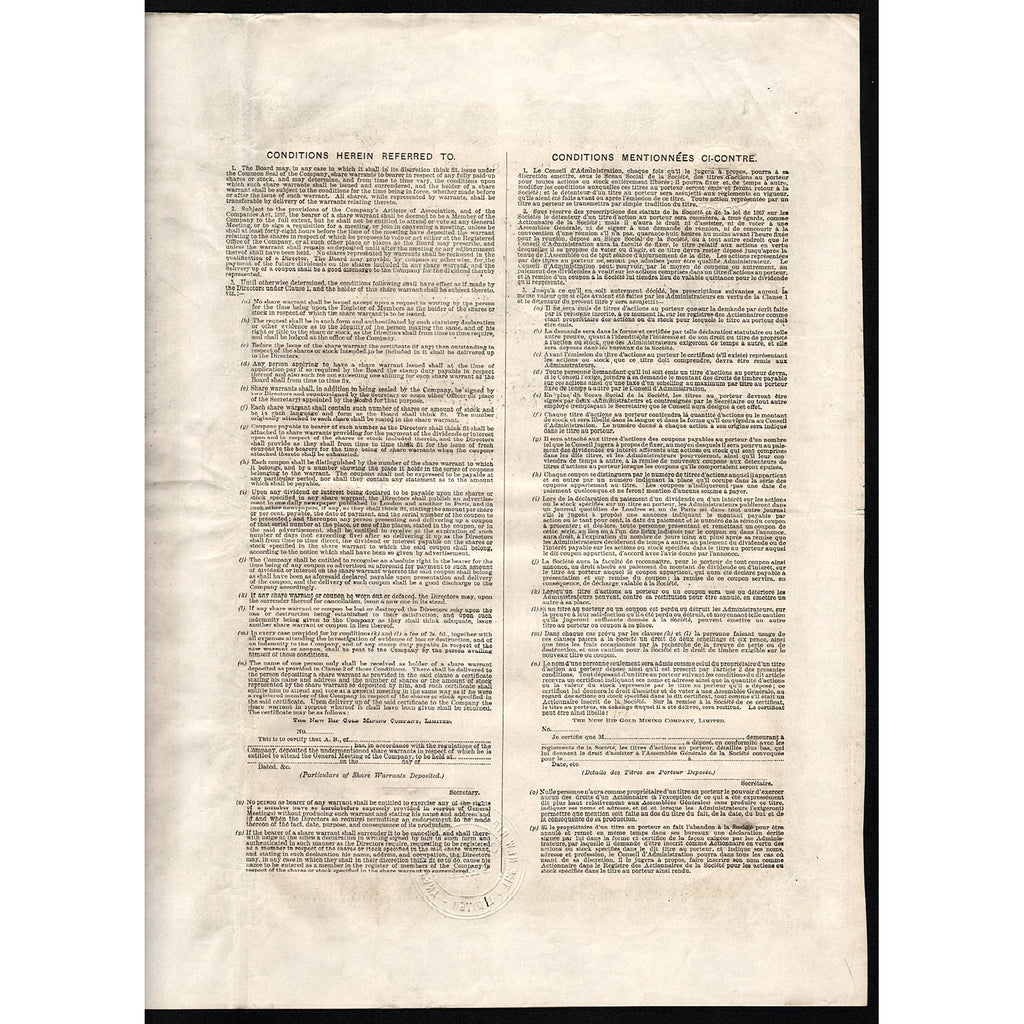 The New Rip Gold Mining Company Limited South Africa Stock Certificate