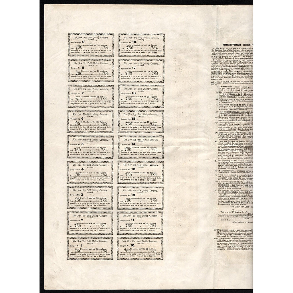 The New Rip Gold Mining Company Limited South Africa Stock Certificate
