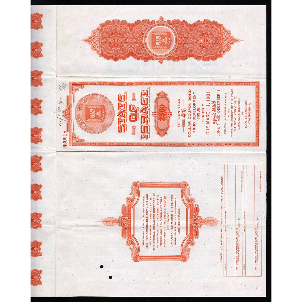 State of Israel (Specimen) 1966 Bond Certificate