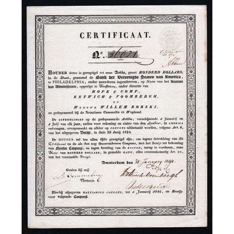 Bank der Vereenigde Staten van America 1844 Amsterdam Netherlands Stock Certificate