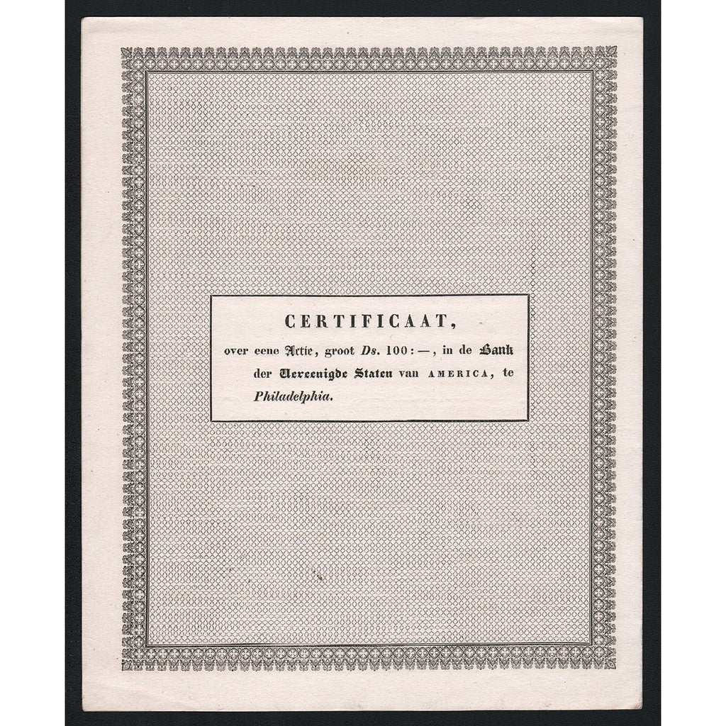 Bank der Vereenigde Staten van America 1844 Amsterdam Netherlands Stock Certificate