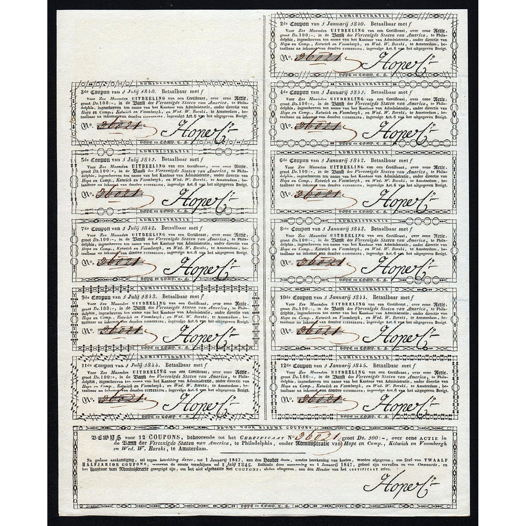 Bank der Vereenigde Staten van America 1844 Amsterdam Netherlands Stock Certificate