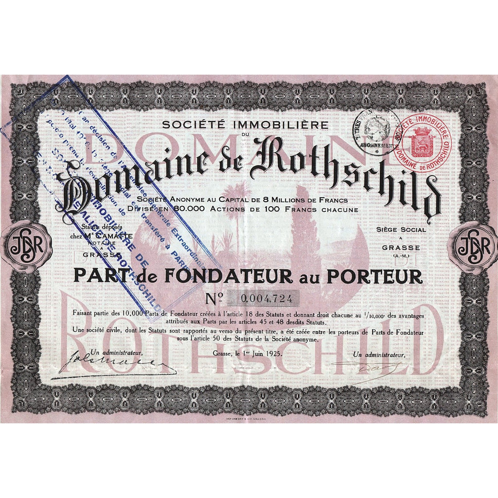 Societe Immobiliere du Domaine de Rothschild France Stock Certificate