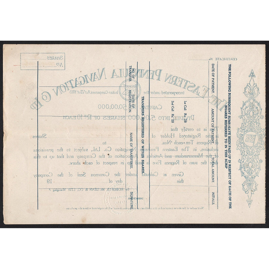 The Eastern Peninsula Navigation Co. Ltd. Calcutta India Stcok Certificate