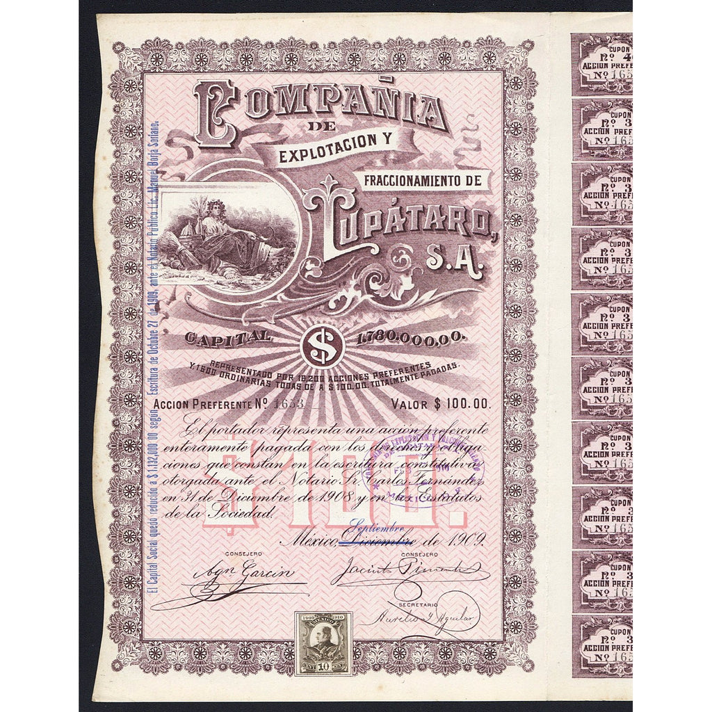 Compania de Explotacion y Fraccionamiento de Tupataro 1909 Mexico Stock Certificate