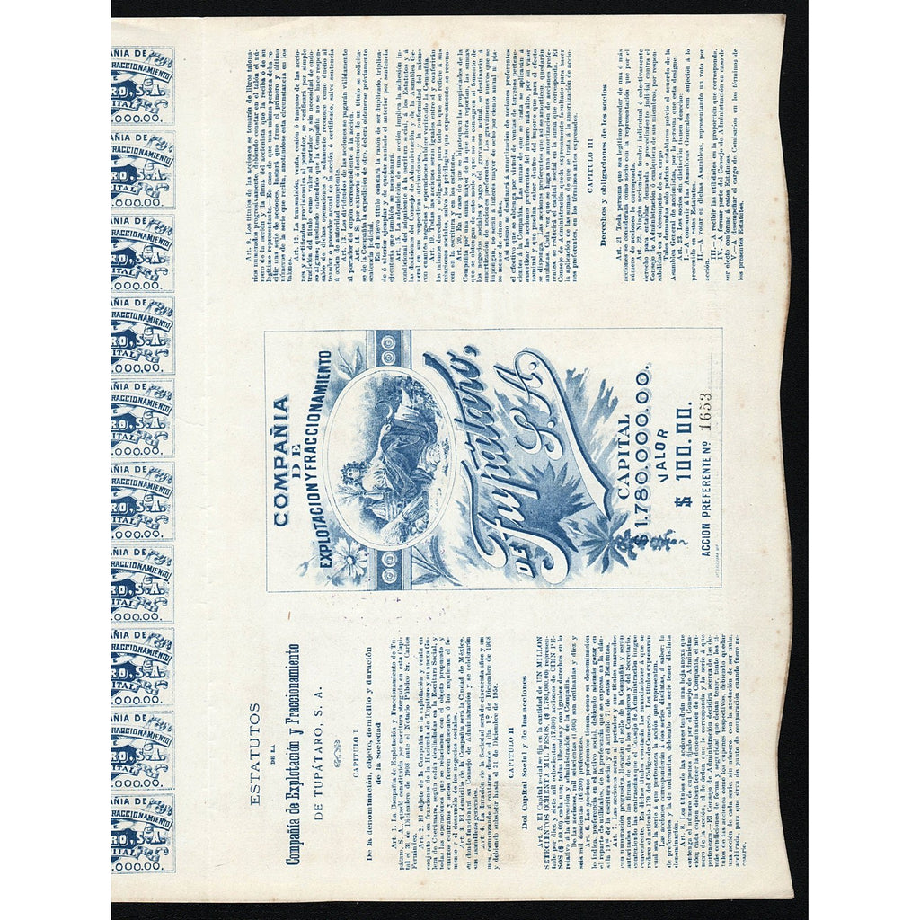 Compania de Explotacion y Fraccionamiento de Tupataro 1909 Mexico Stock Certificate