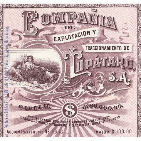 Compania de Explotacion y Fraccionamiento de Tupataro 1909 Mexico Stock Certificate
