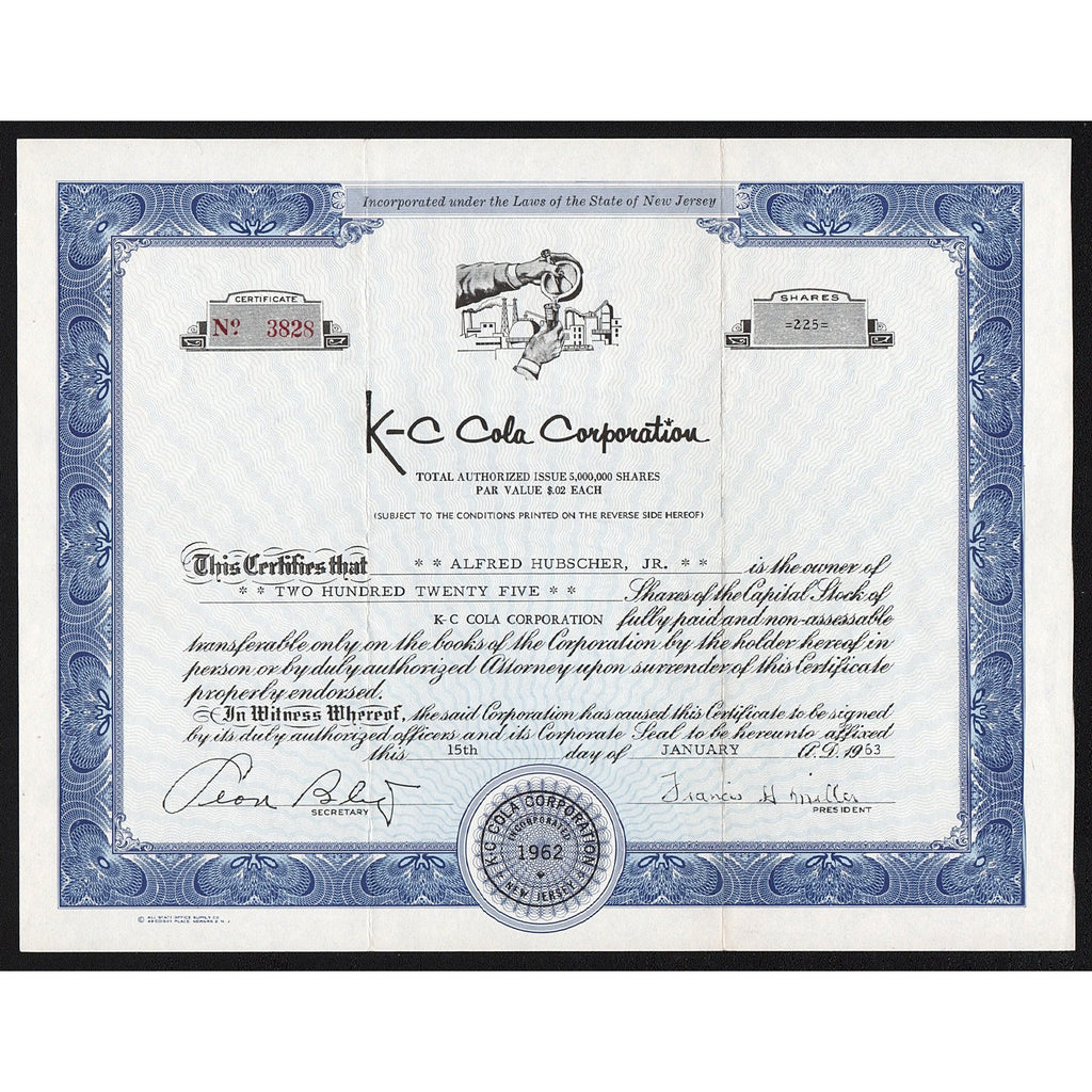 K-C Cola Corporation New Jersey Stock Certificate