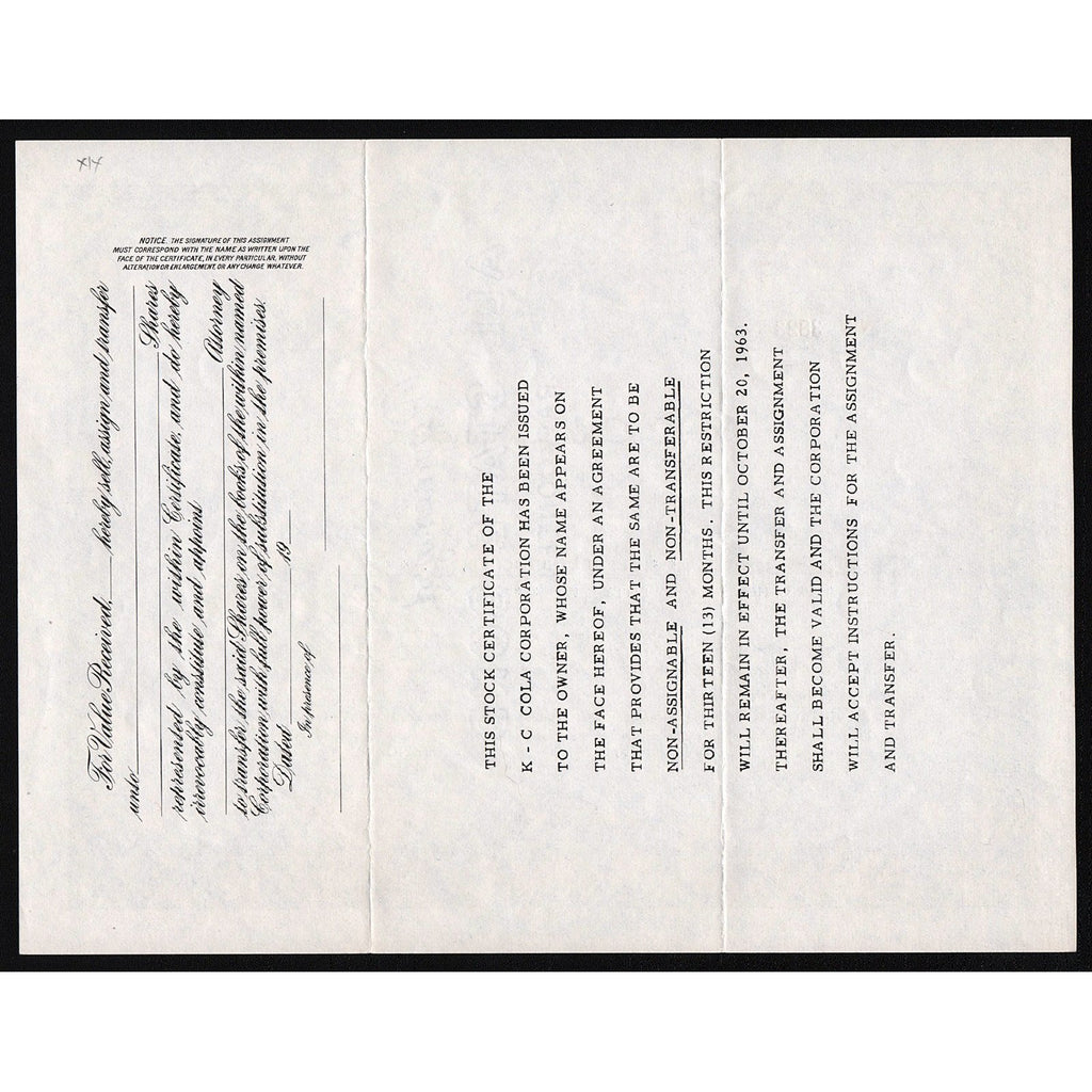 K-C Cola Corporation New Jersey Stock Certificate