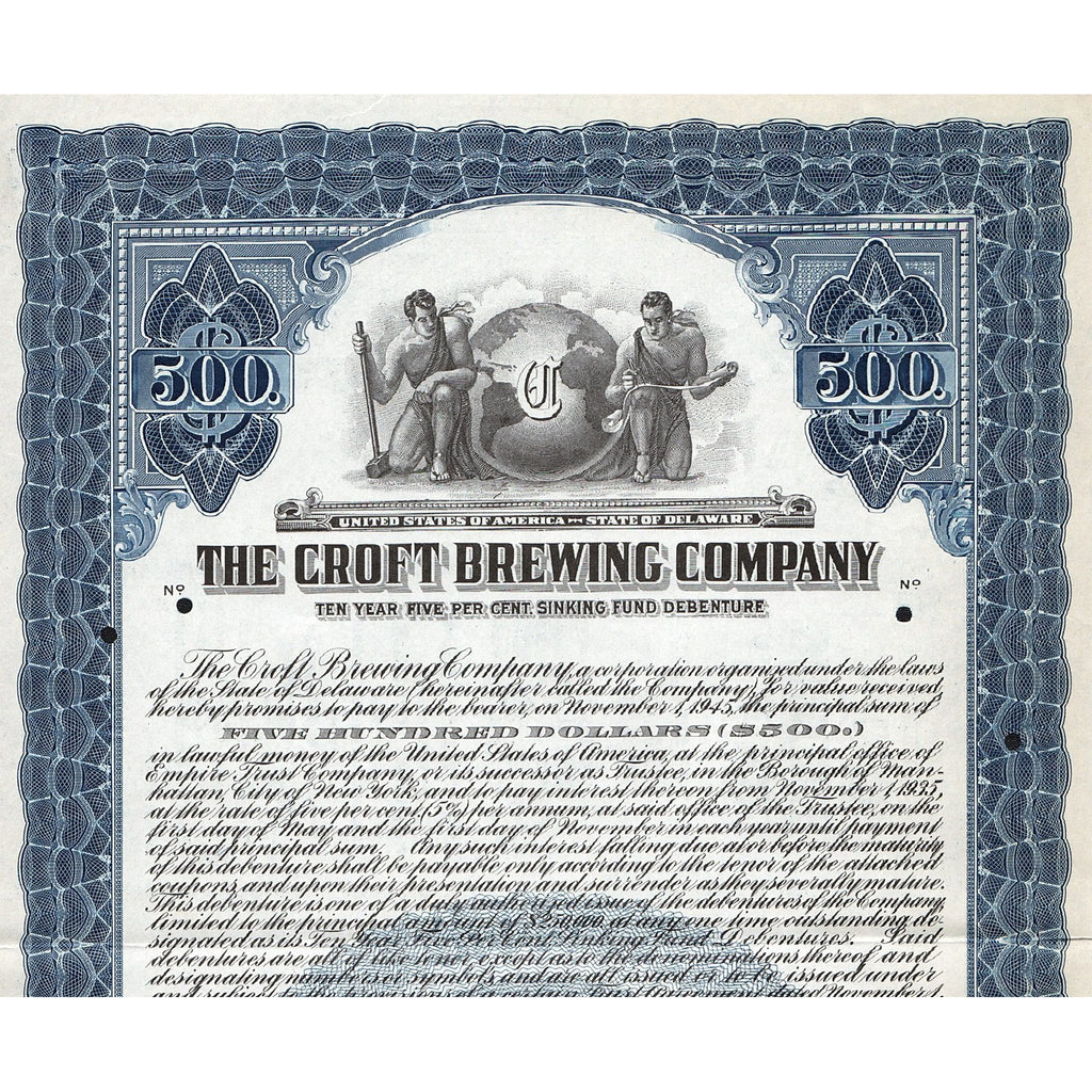 The Croft Brewing Company (Specimen) Brewery Bond Certificate