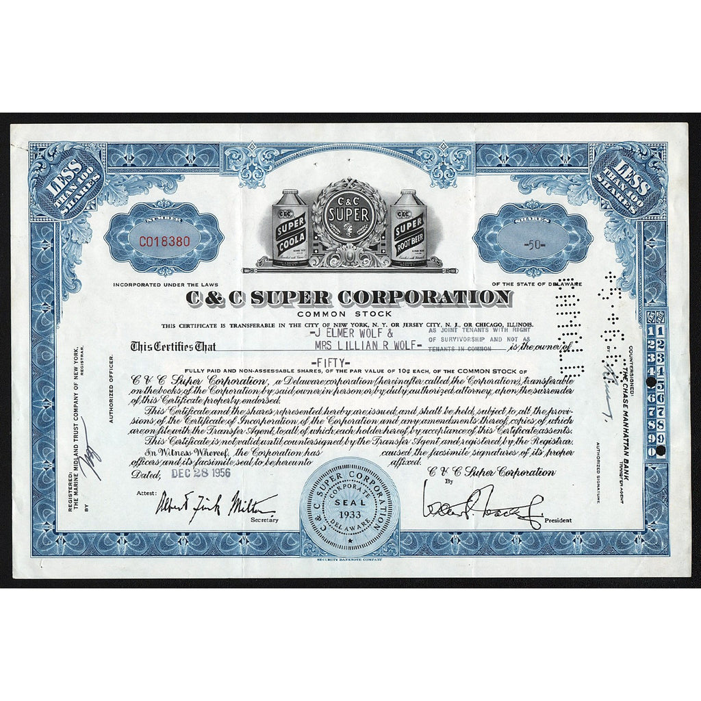 C & C Super Corporation Stock Certificate Coola Cola Root Beer