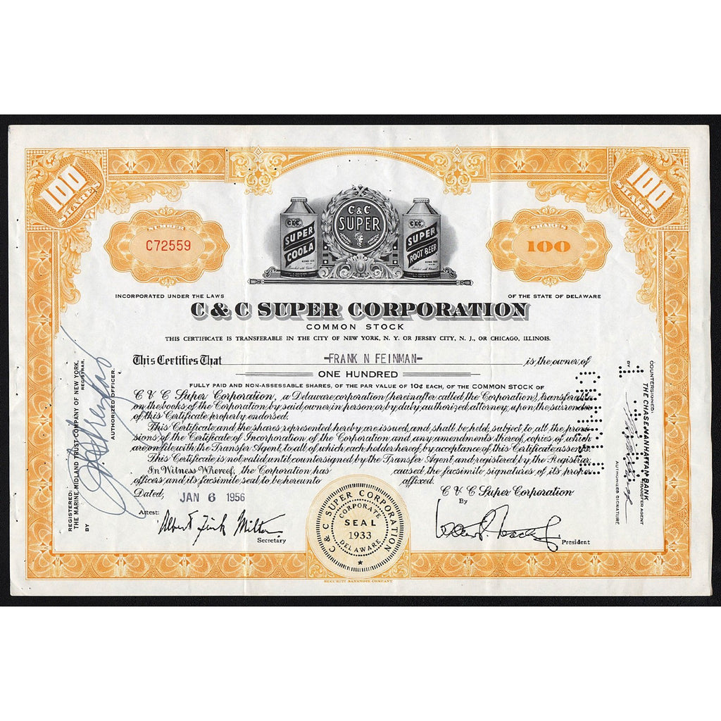 C & C Super Corporation Stock Certificate Coola Cola Root Beer