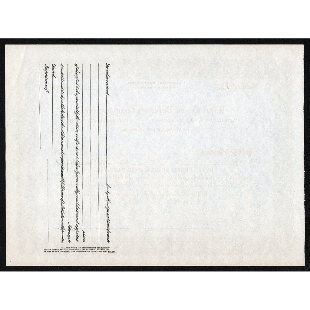 Royal Crown Beverage Company, Inc. Stock CertificateRoyal Crown Beverage Company, Inc. RC Cola Stock Certificate