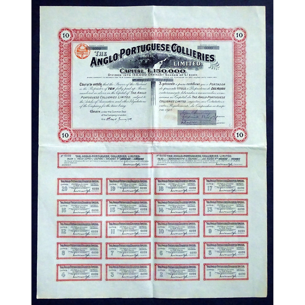 The Anglo-Portugese Collieries Limited 1908 Warrant Stock Certificate