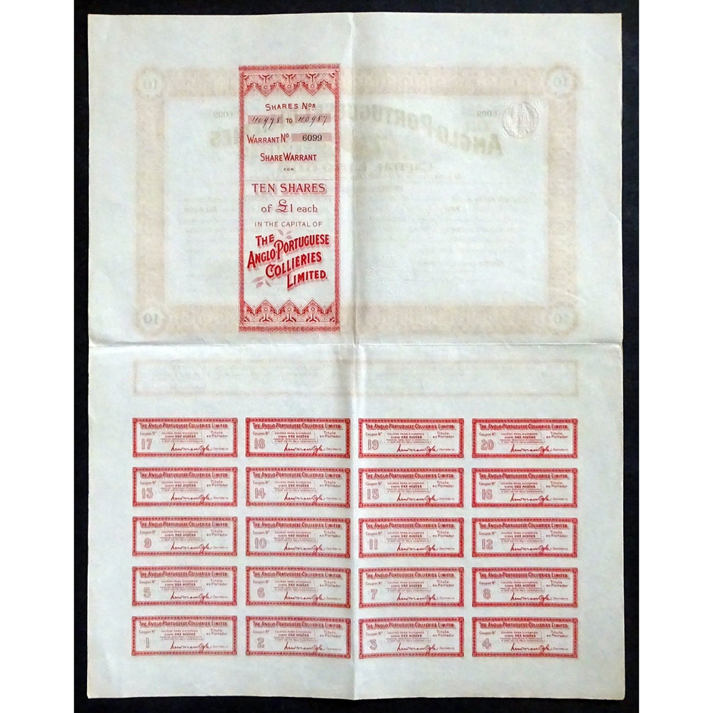 The Anglo-Portugese Collieries Limited 1908 Warrant Stock Certificate