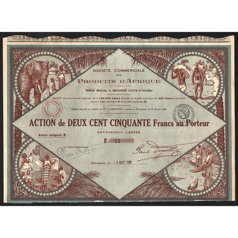 Societe Commerciale des Produits d’Afrique Ivory Coast 1928 Stock Certificate