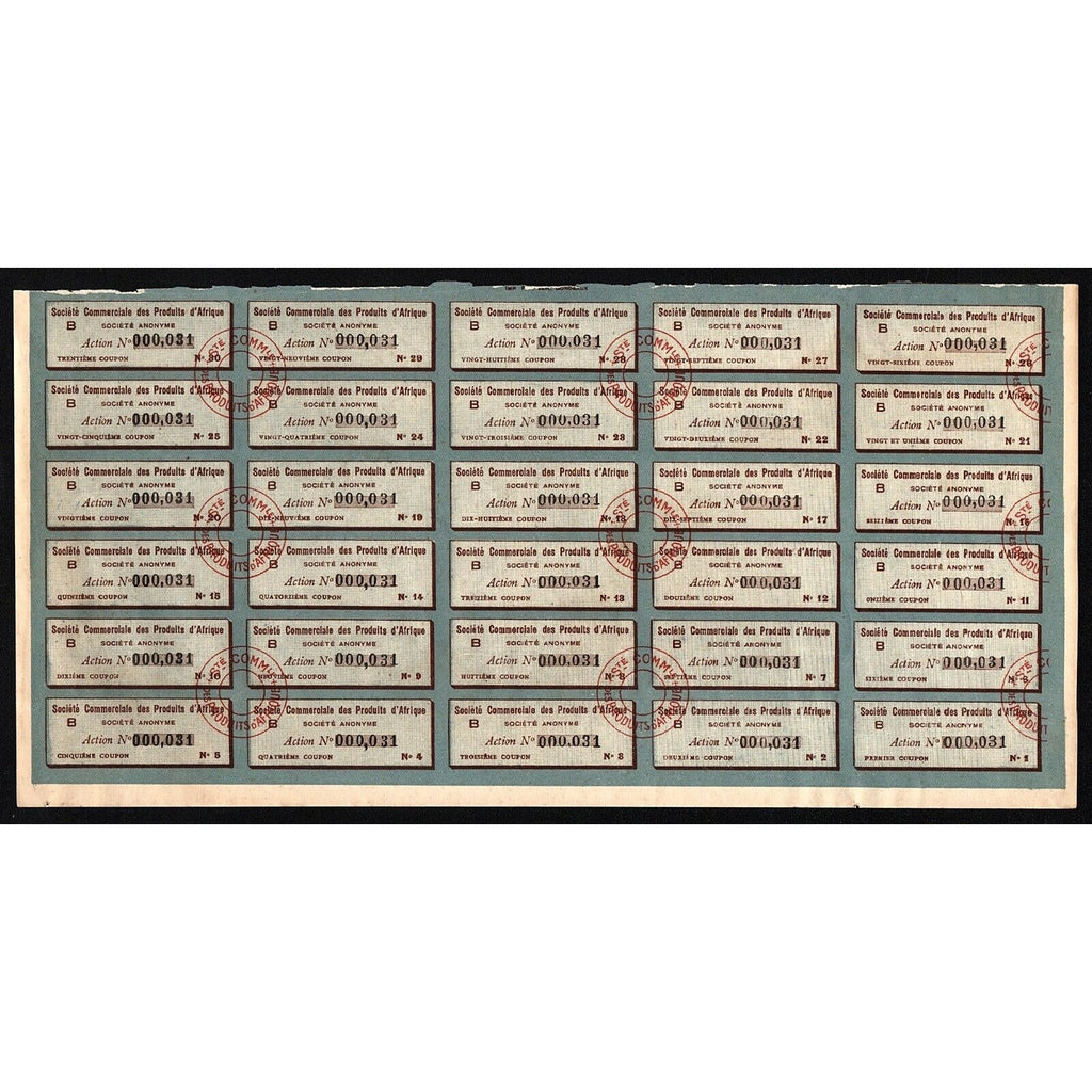 Societe Commerciale des Produits d’Afrique Ivory Coast 1928 Stock Certificate