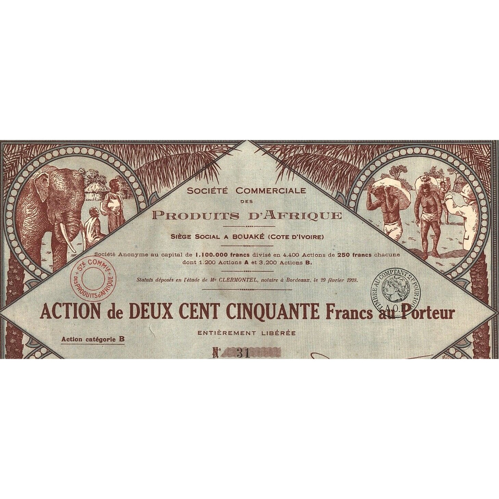 Societe Commerciale des Produits d’Afrique Ivory Coast 1928 Stock Certificate