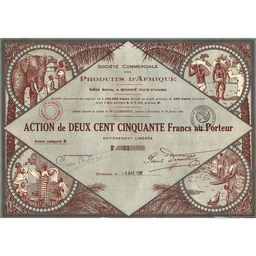 Societe Commerciale des Produits d’Afrique Ivory Coast 1928 Stock Certificate