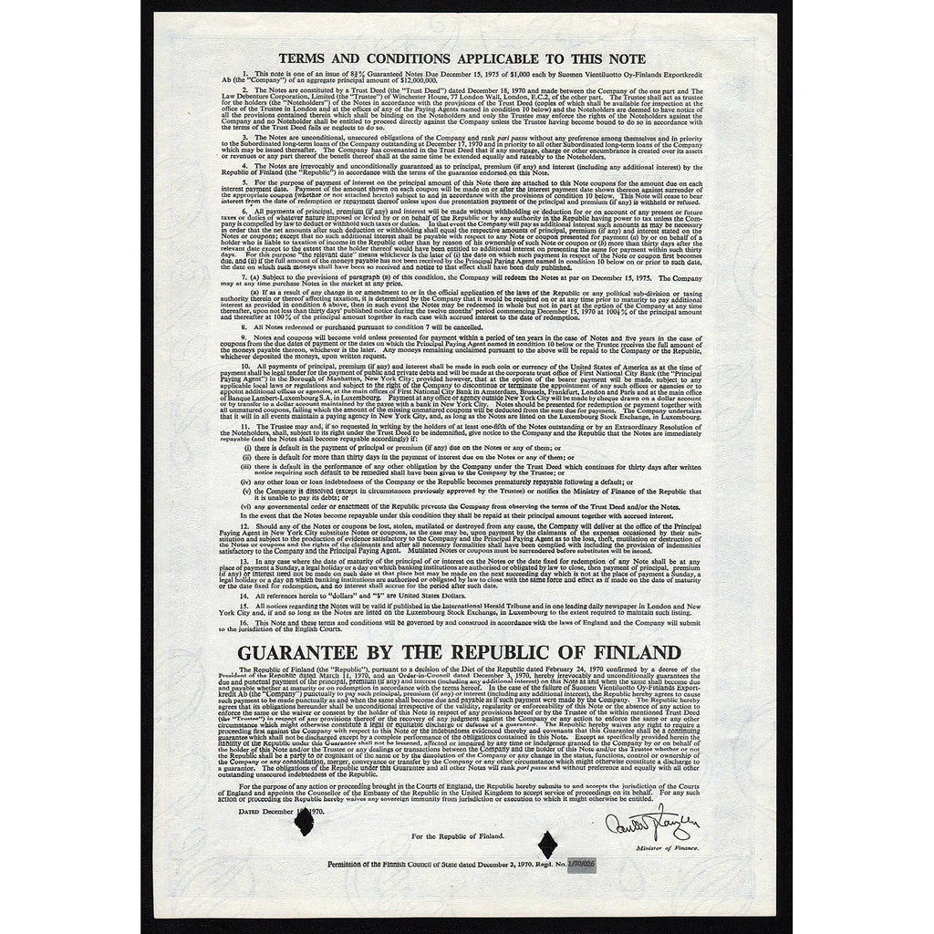 Suomen Vientiluotto OY - Finlands Exportkredit AB Finland Bond Certificate