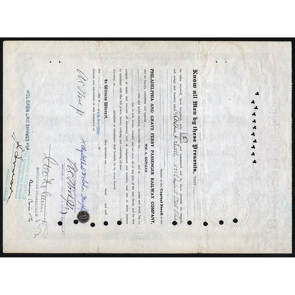 Philadelphia & Gray’s Ferry Passenger Railway Company Stock Certificate