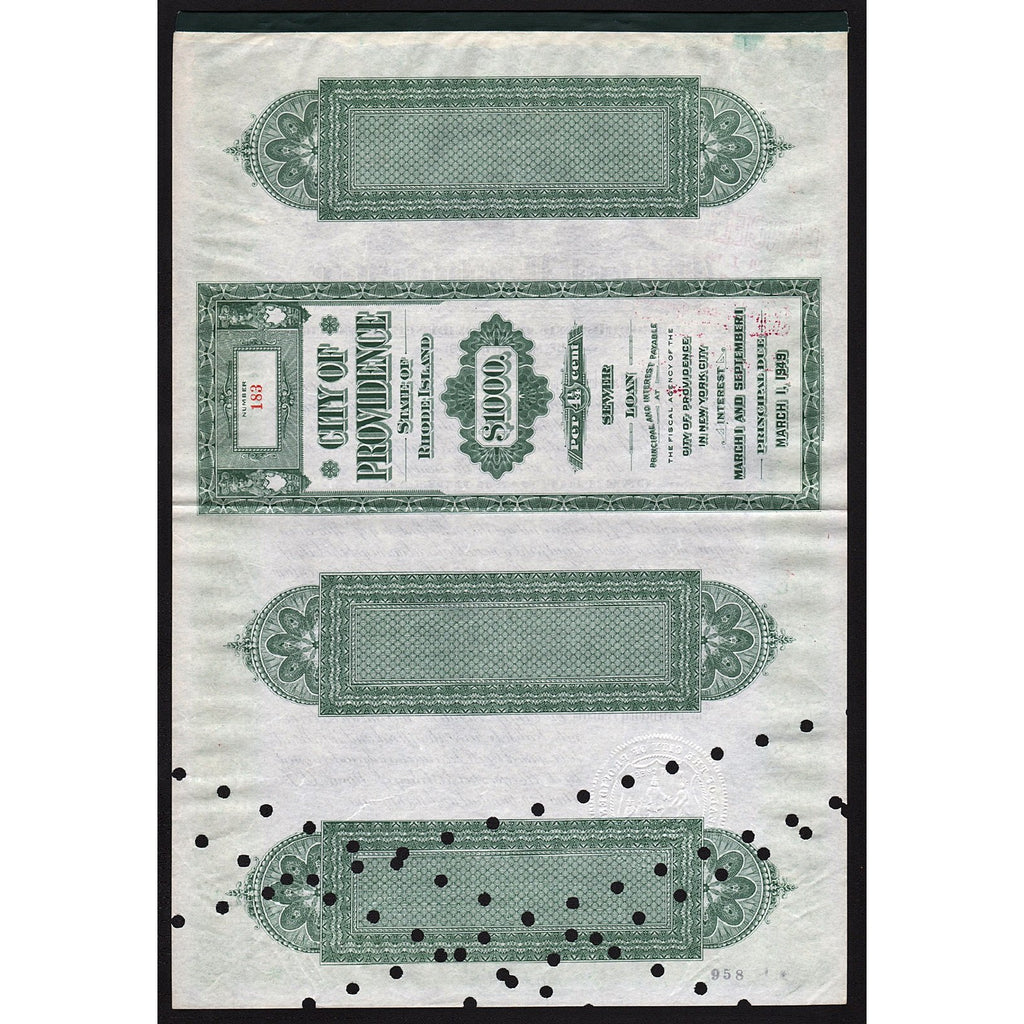 City of Providence - Sewer Loan 1929 Rhode Island  Bond Certificate
