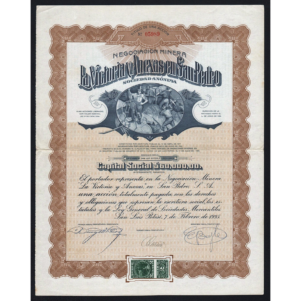 Negociacion Minera La Victoria y Anexas en San Pedro S.A. (San Luis Potosi) 1935 Stock Certificate