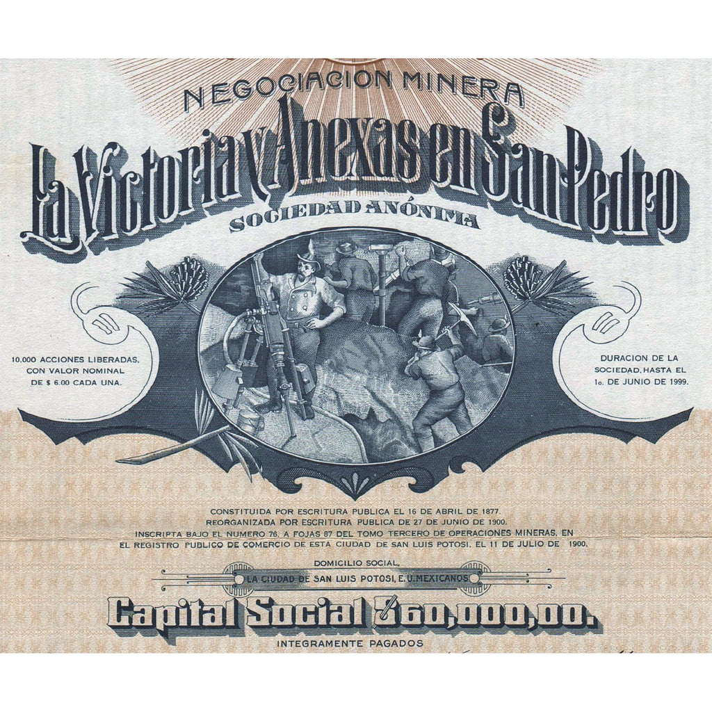Negociacion Minera La Victoria y Anexas en San Pedro S.A. (San Luis Potosi) 1935 Stock Certificate