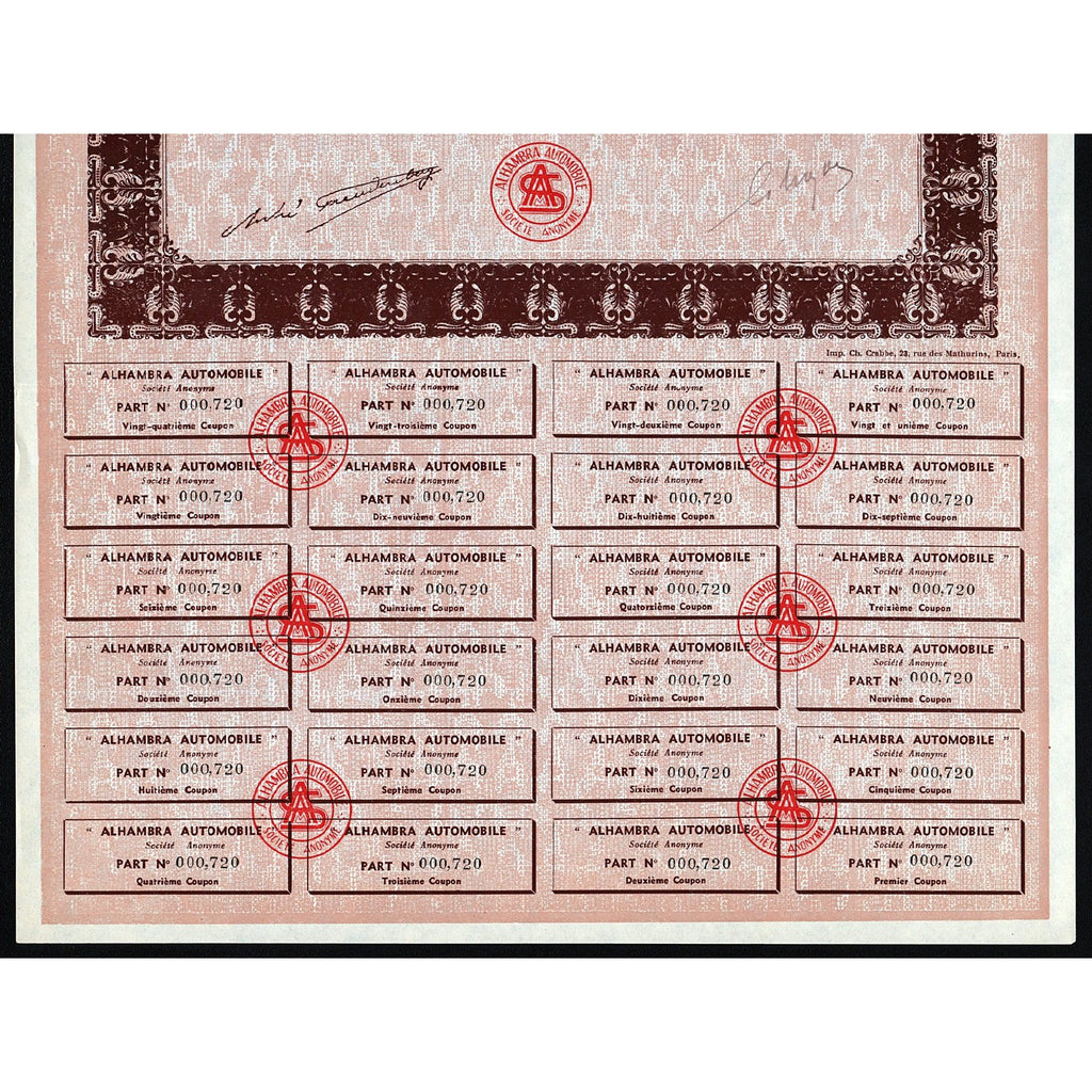 “Alhambra Automobile” Societe Anonyme Paris France Stock Certificate
