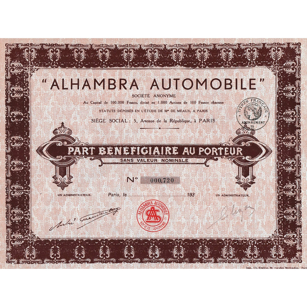 “Alhambra Automobile” Societe Anonyme Paris France Stock Certificate