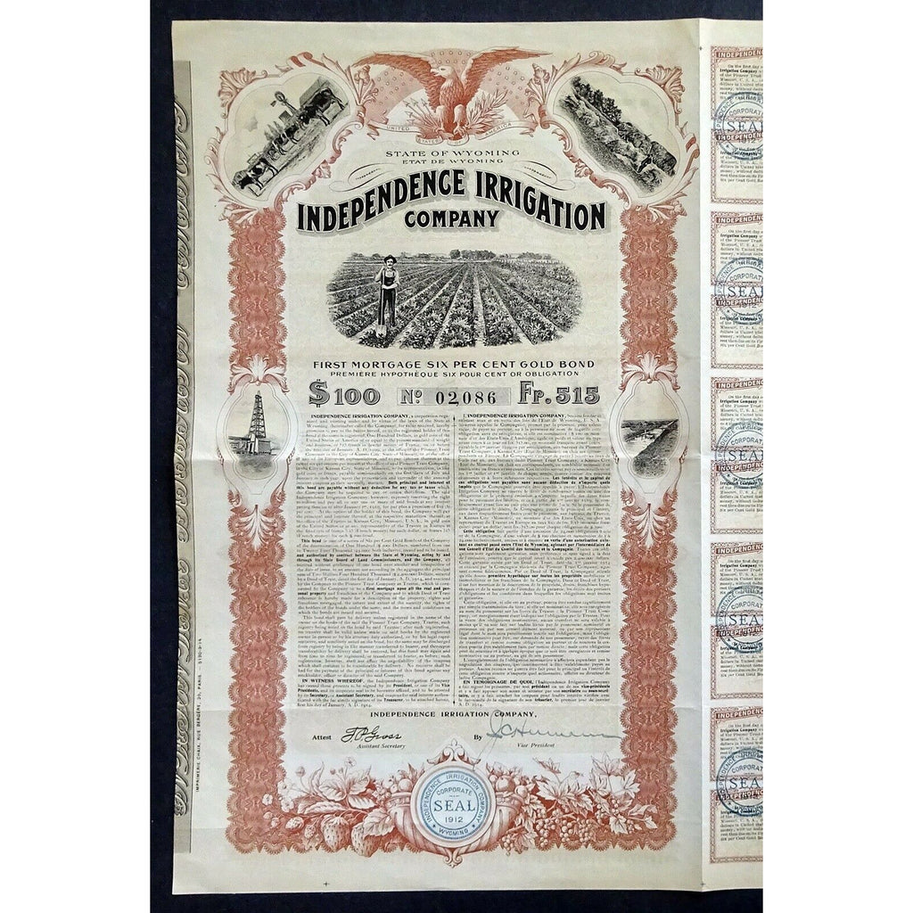 Independence Irrigation Company (Gold Bond) 1914 Stock Certificate