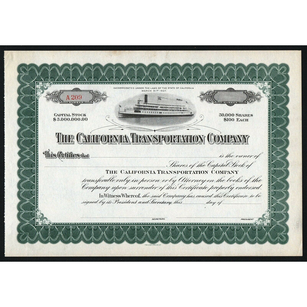 The California Transportation Company Stock Certificate