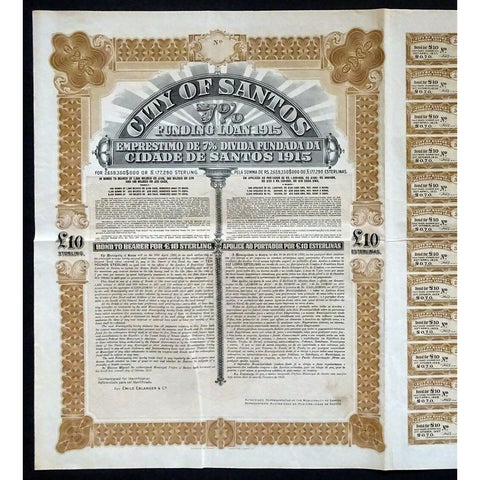 City of Santos, 7% Funding Loan 1915 Brazil Stock Bond Certificate