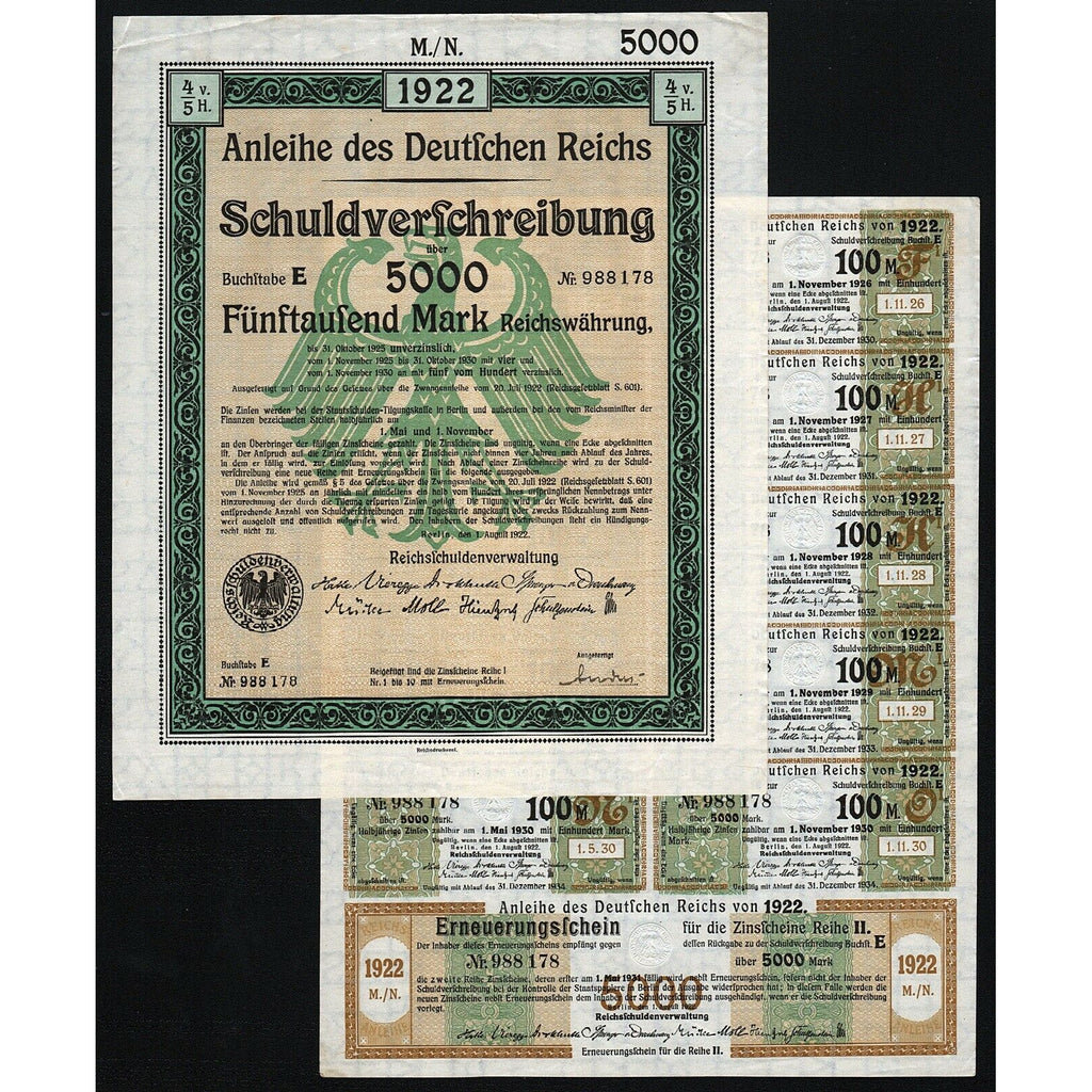 Anleihe des Deutschen Reichs - 5000 Mark Germany 1922 Bond Certificate
