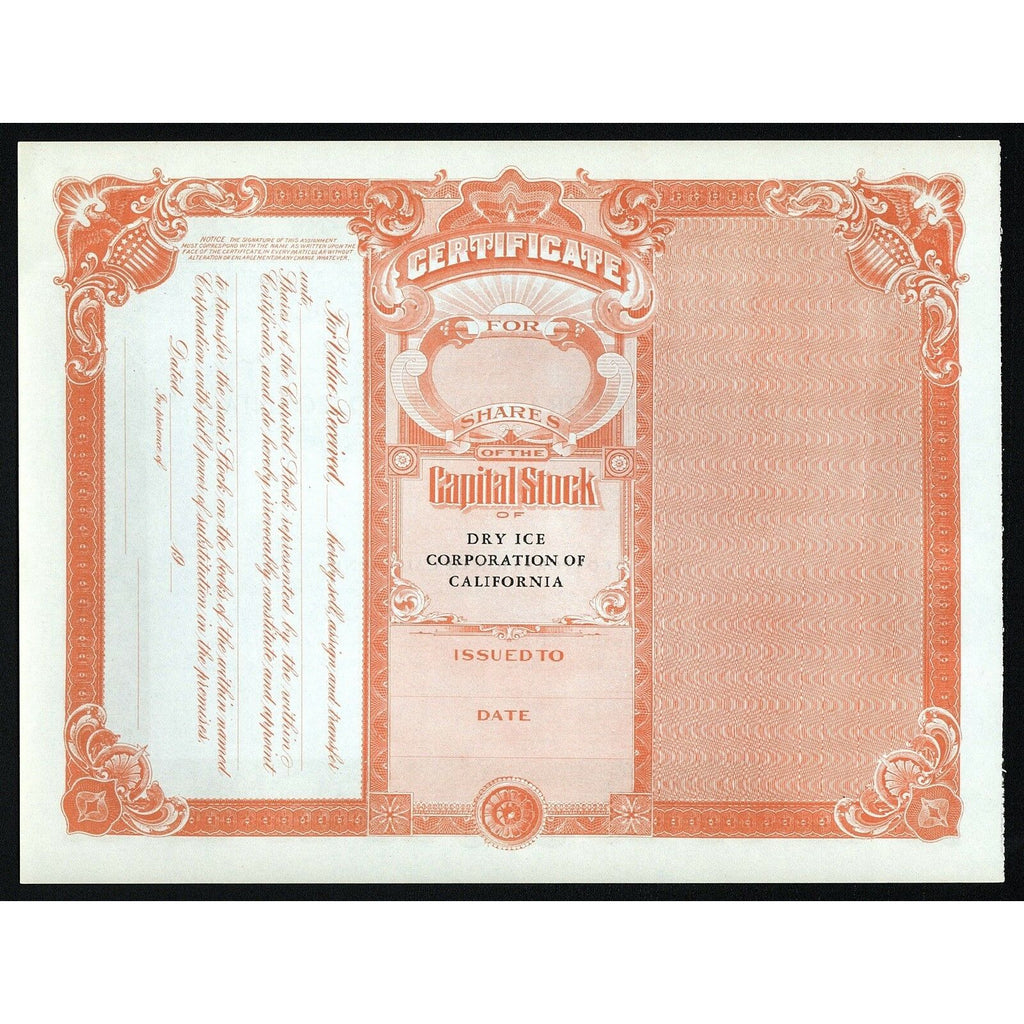 Dry Ice Corporation of California Stock Certificate