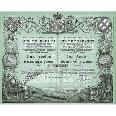 Los Caminos de Hierro del Sur de Espana 1910 Spain Stock Certificate