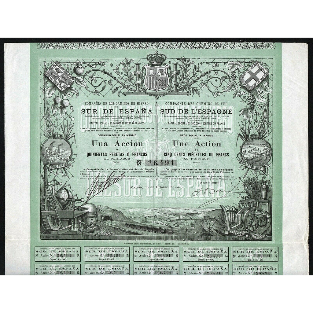 Los Caminos de Hierro del Sur de Espana 1910 Spain Stock Certificate