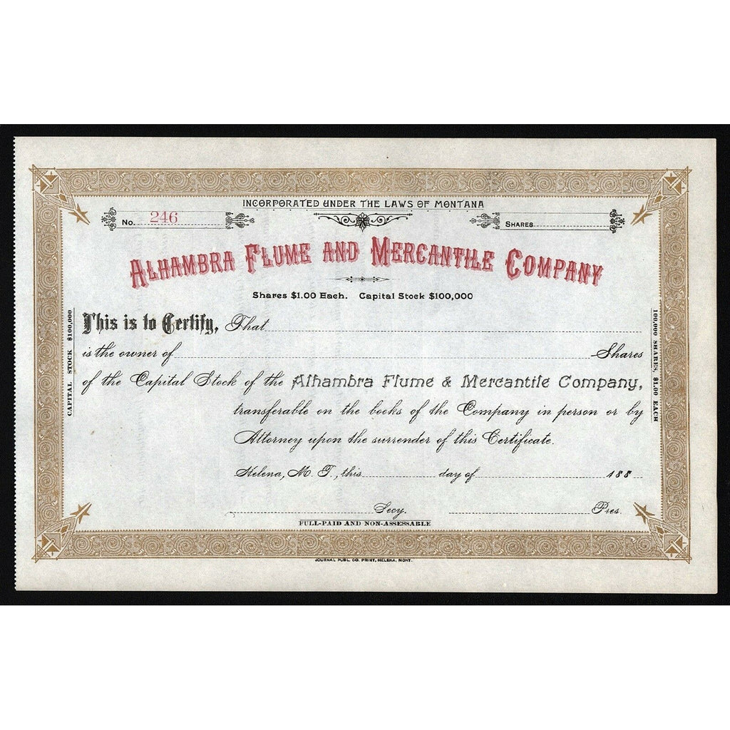 Alhambra Flume and Mercantile Company 1880s Montana Stock Certificate