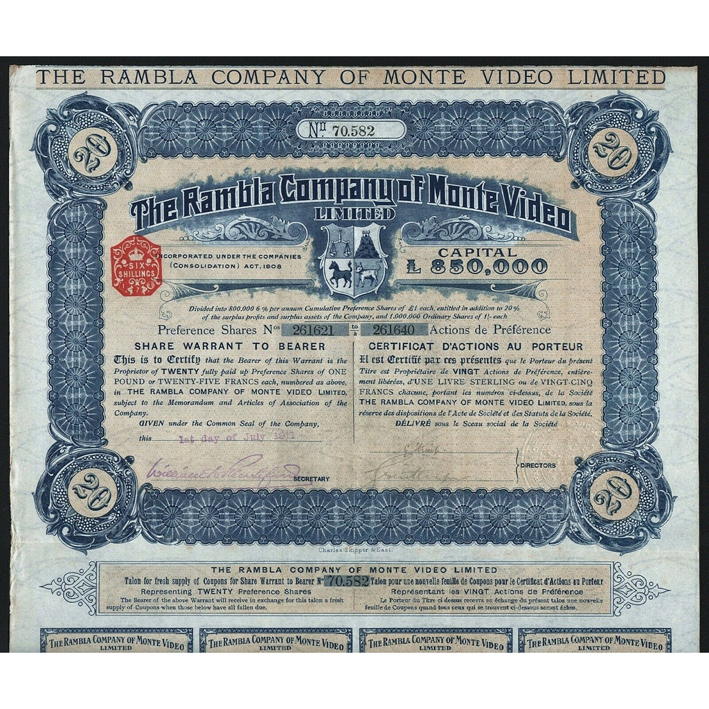 The Rambla Company of Monte Video 1911 Uruguay Stock Certificate