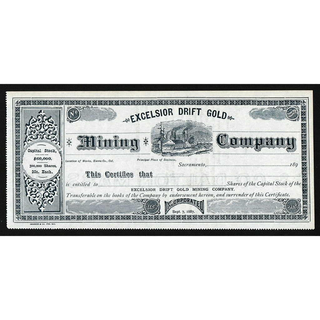 Excelsior Drift Gold Mining Company Sacramento California Stock Certificate