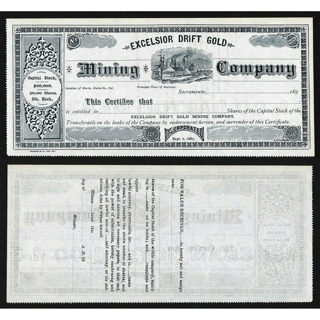 Excelsior Drift Gold Mining Company Sacramento California Stock Certificate
