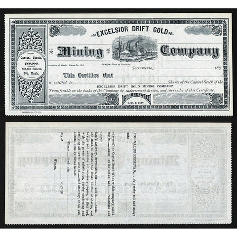 Excelsior Drift Gold Mining Company Sacramento California Stock Certificate